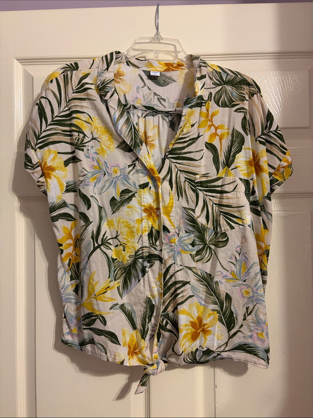 Women’s Floral Tie-Front Button Shirt - Yellow & Green